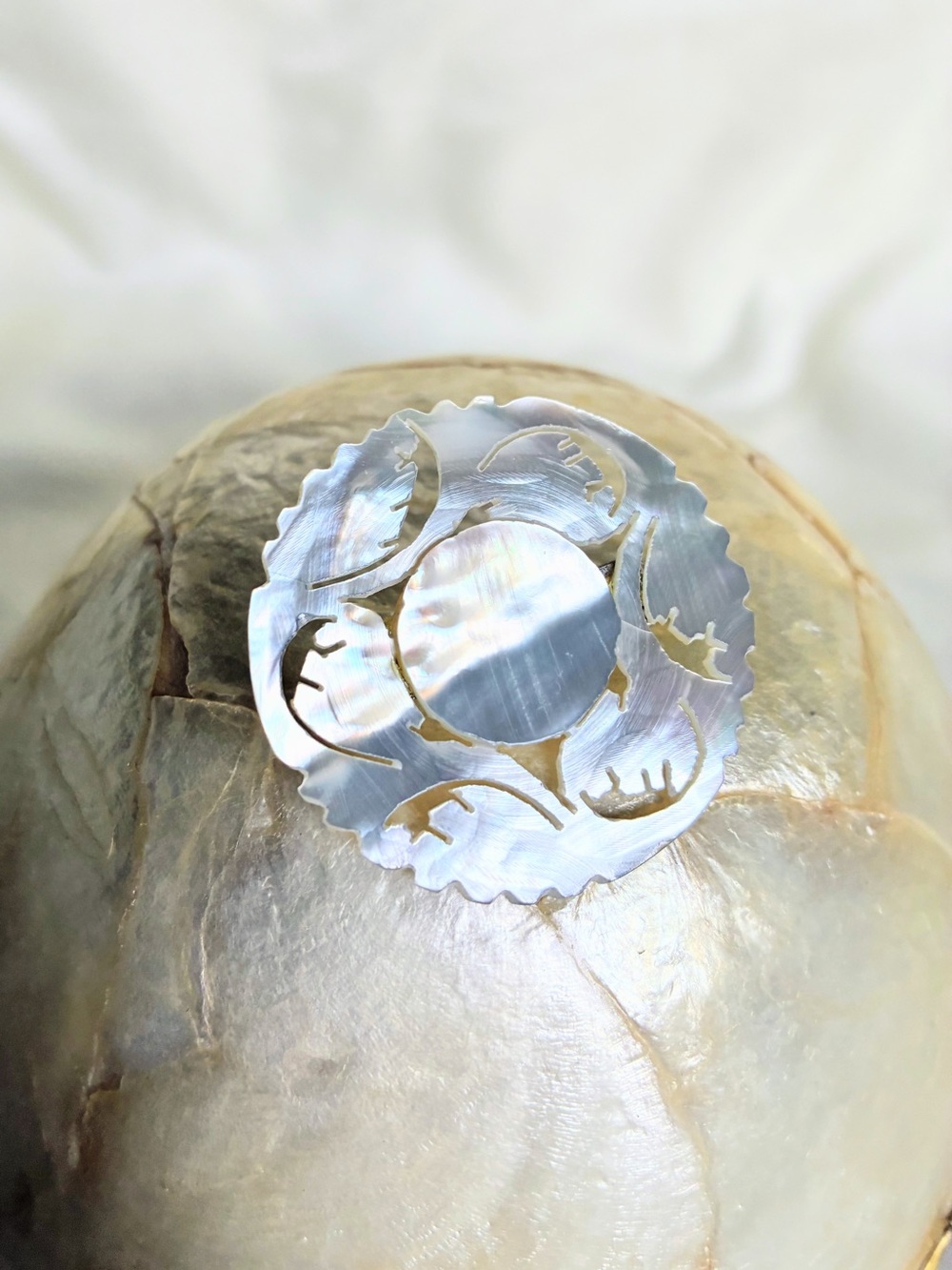 Vintage Bethlehem Carved Shell Mother of Pearl Abalone Round Center Pin Brooch